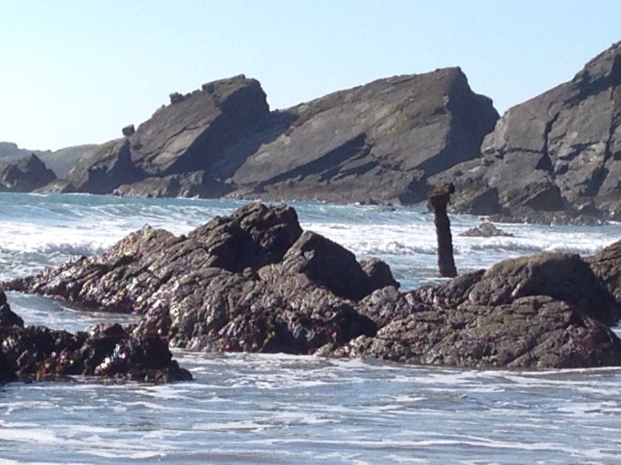 A bit of a wrecked boat poking out of the sea surrounded by rocks